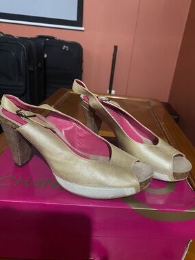 Gold Slingback Peep-Toe Heels with Pink Insole